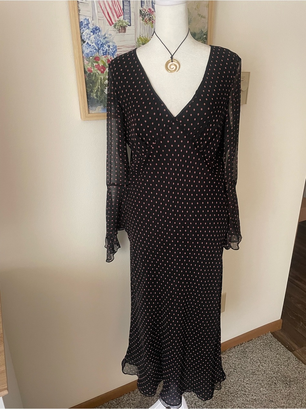 Ice Vintage 90s 100% Silk Flare Bell Sleeve Polka Dot Dress Whimsigoth US 10